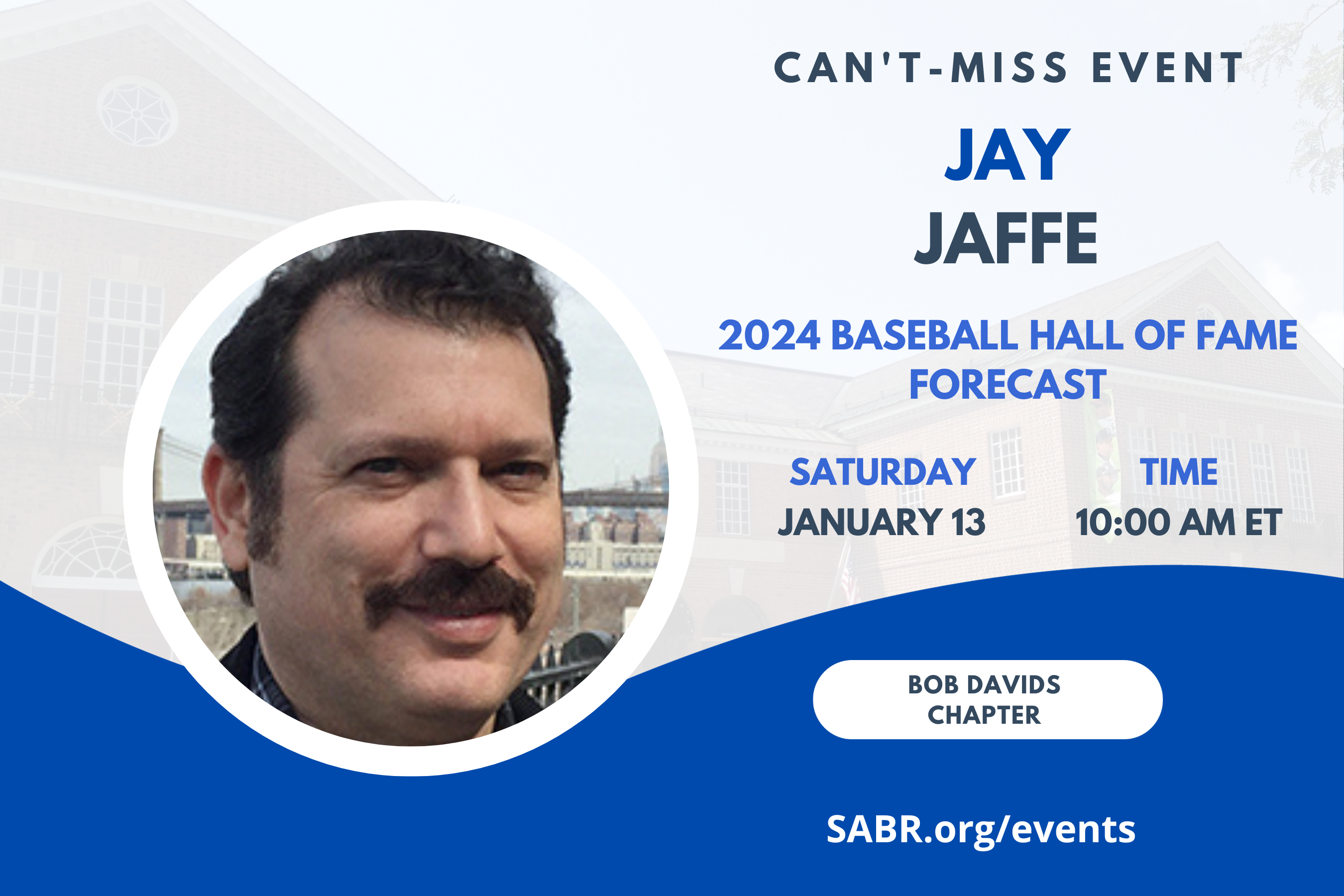 The next "Talkin' Baseball" meeting, hosted by the SABR Bob Davids Chapter in Washington D.C. and surrounding communities in Maryland and Virginia, will be held via Zoom at 10:00 a.m. Eastern on Saturday, January 13, 2024. All baseball fans are welcome to attend. We are pleased to welcome back Jay Jaffe, senior writer for FanGraphs and author of "The Cooperstown Casebook", who is graciously coming back to talk with us for a 3rd year in a row about his book, his ballot, and pre-announcement Hall of Fame voting trends. 