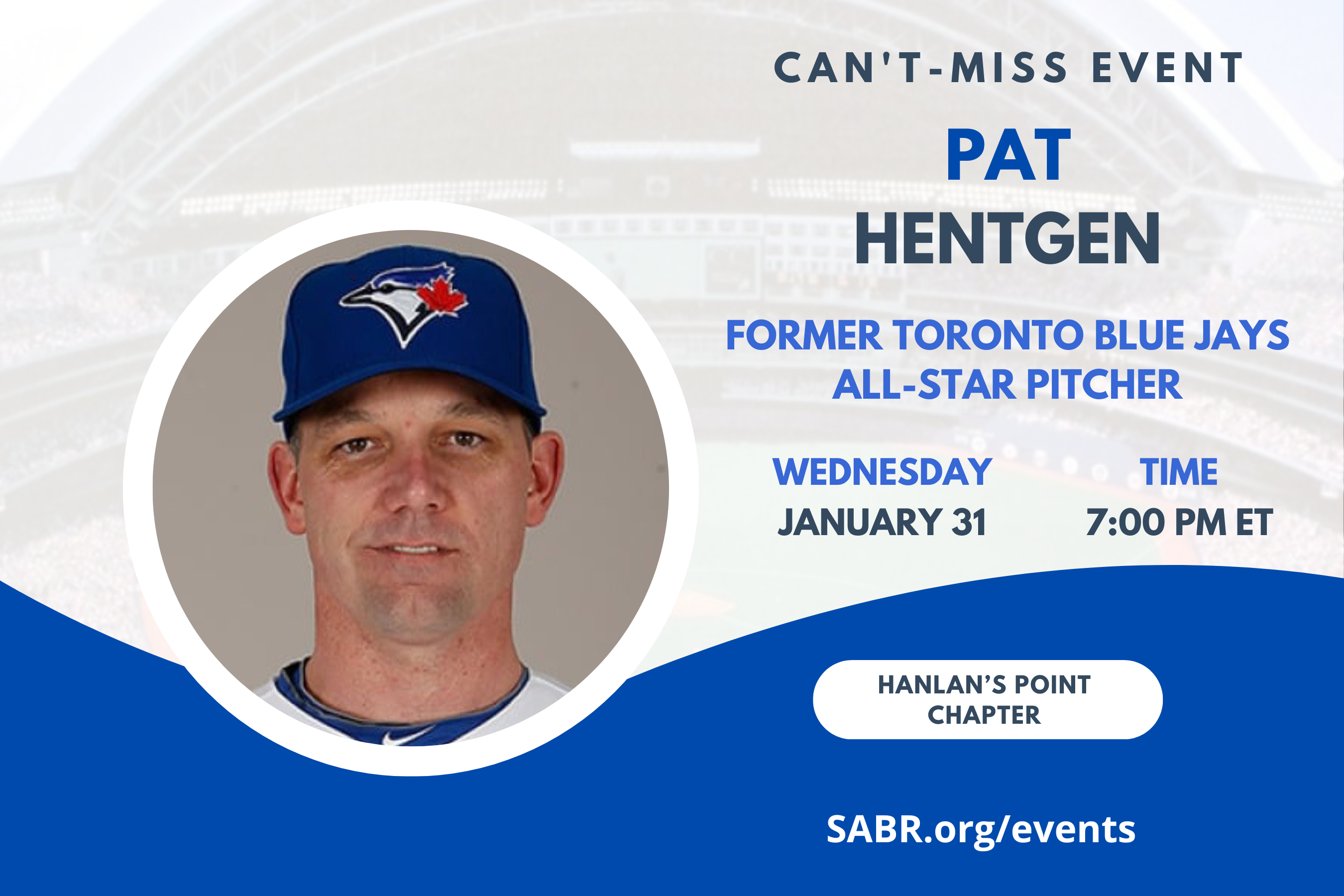 Join SABR's Hanlan's Point Chapter in Toronto for a SABR Day celebration at 7:00 p.m. EST on Wednesday, January 31, 2024. All baseball fans are welcome to attend. We’re very excited to announce that our SABR Day special guest speaker will be Pat Hentgen, former Jays pitcher and current Jays special advisor, and Canadian Baseball Hall of Fame and Museum inductee.