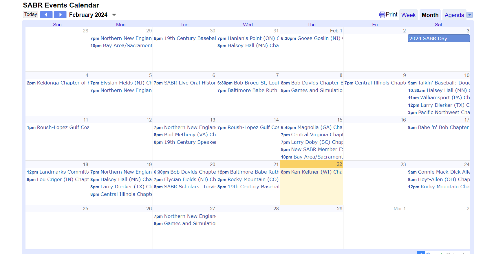 SABR Events Calendar