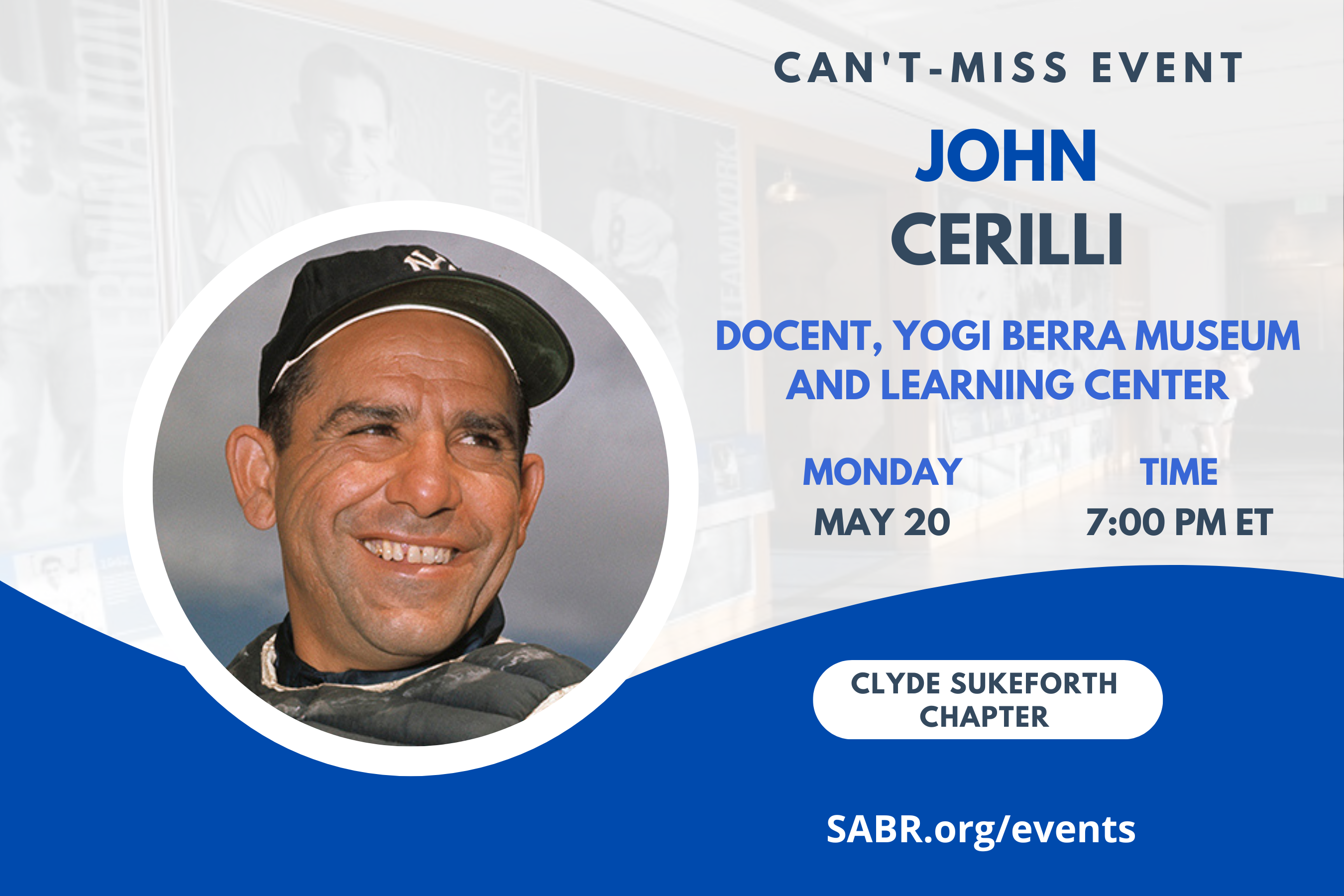 The Clyde Sukerforth Chapter (NH/ME), jointly with the Gardner-Waterman Chapter (VT), presents John Cerilli in a virtual Zoom meeting at 7:00 p.m. Eastern on Monday, May 20, 2024. All baseball fans are invited to attend. John is a SABR member and docent at the Yogi Berra Museum & Learning Center. His baseball travels are extensive, and he will give a presentation entitled “Take Me Out to the Ballpark" with his review and rankings of all 30 current MLB ballparks.