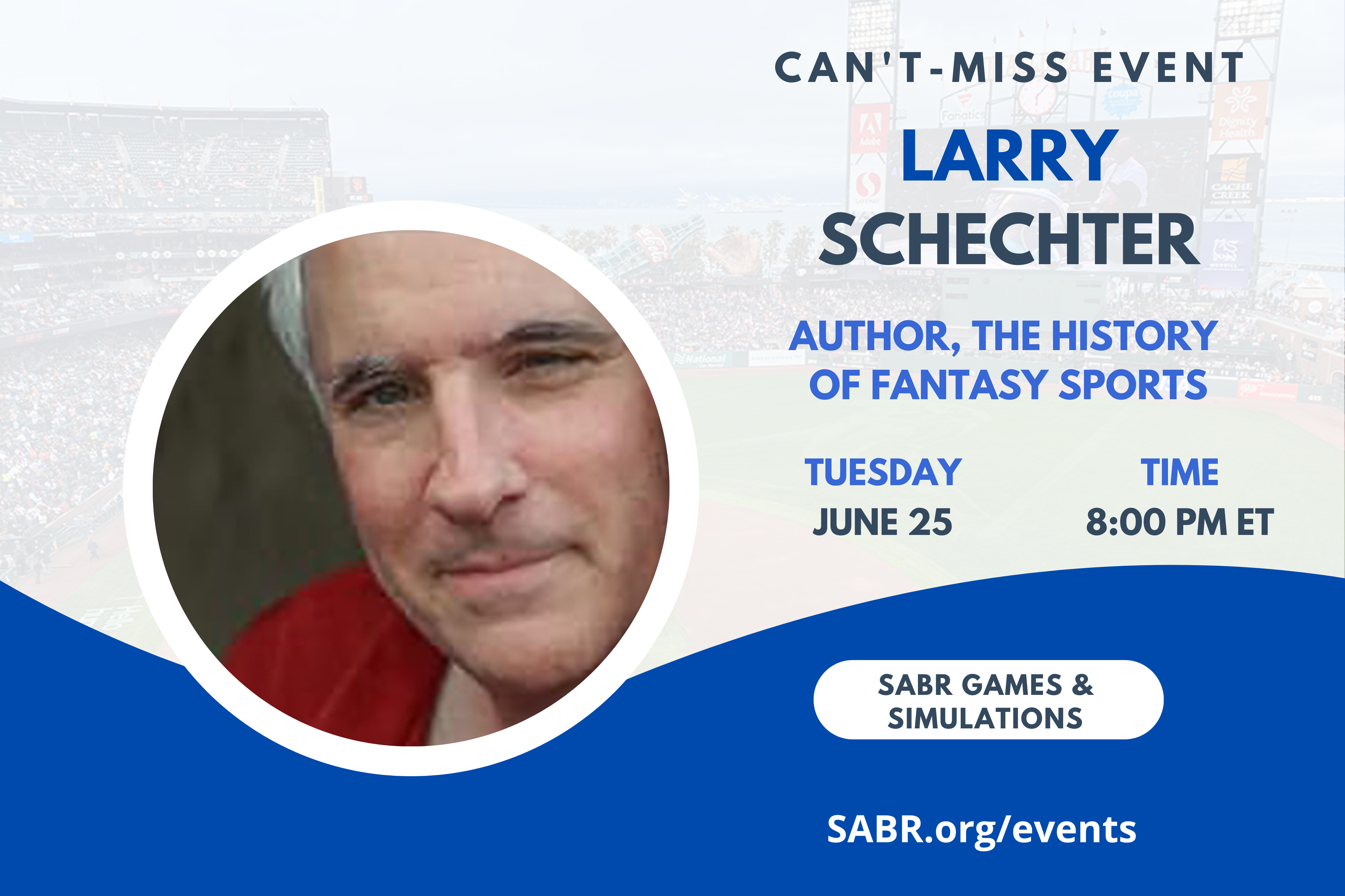 SABR's Games and Simulations Committee will hold a virtual meeting at 8:00 p.m. EDT on Tuesday, June 25, 2024. All baseball fans are invited to attend. Our guest speaker is Larry Schechter, author of 2014 Amazon bestseller Winning Fantasy Baseball and the newly released The History of Fantasy Sports: And the Stories of the People Who Made It Happen.