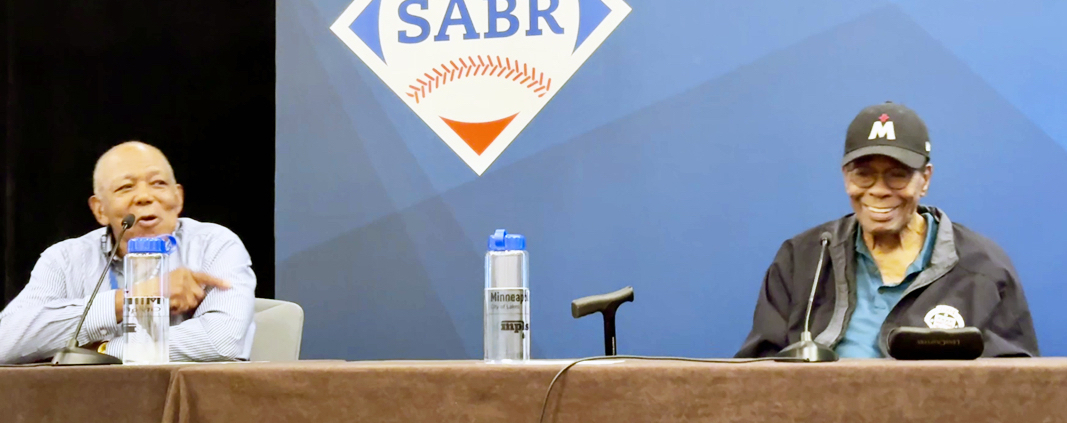 SABR 52: Tony Oliva (left) and Rod Carew speak on the Minnesota Twins Hitters Panel on Thursday, August 8, 2024, in Minneapolis.