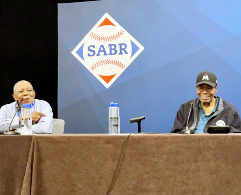 SABR 52: Tony Oliva (left) and Rod Carew speak on the Minnesota Twins Hitters Panel on Thursday, August 8, 2024, in Minneapolis.