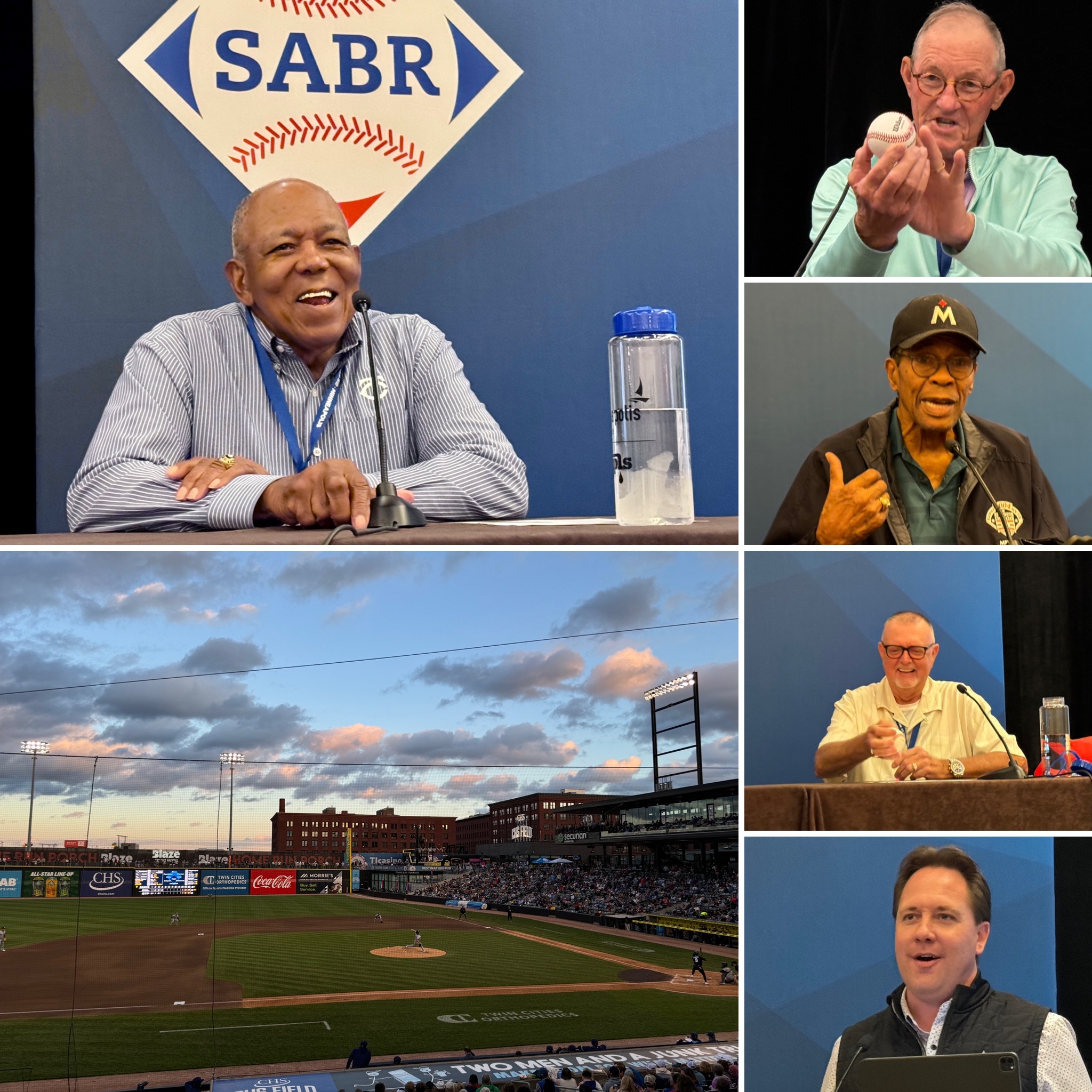 SABR 52 photos, clockwise from top-left: Tony Oliva, Jim Kaat, Rod Carew, Bert Blyleven, Derek Falvey, and CHS Field