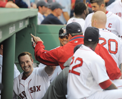 Daniel Nava celebrates with teammates after hitting a grand slam in his first major-league at-bat on June 12, 2010. (Courtesy of the Boston Red Sox)