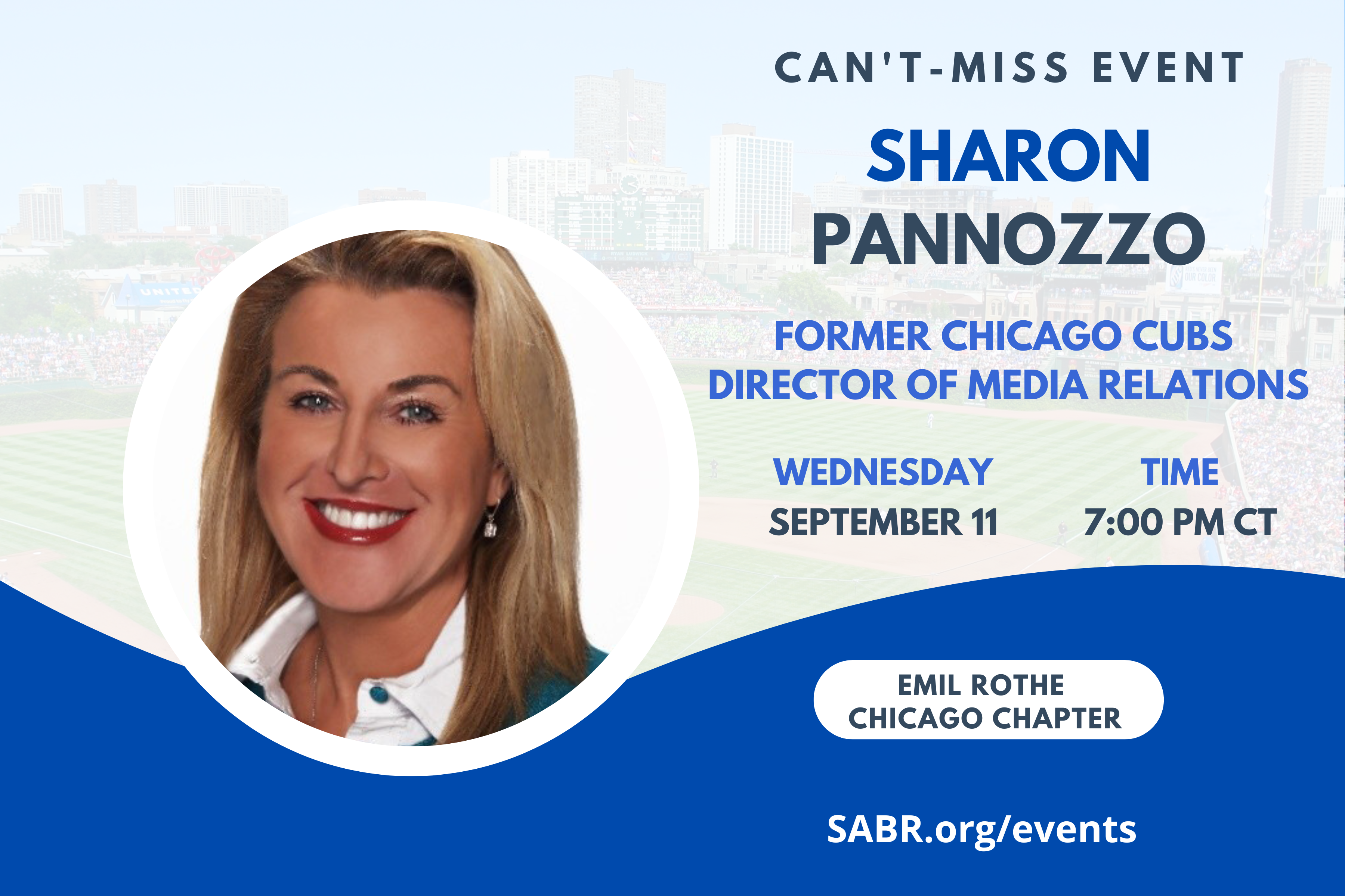 SABR's Emil Rothe Chicago Chapter invites all baseball fans to join us for a special Zoom meeting with Sharon Pannozzo, former Chicago Cubs Media Relations Director, at 7:00 p.m. Central Time on Wednesday, September 11, 2024. All baseball fans are welcome to join.