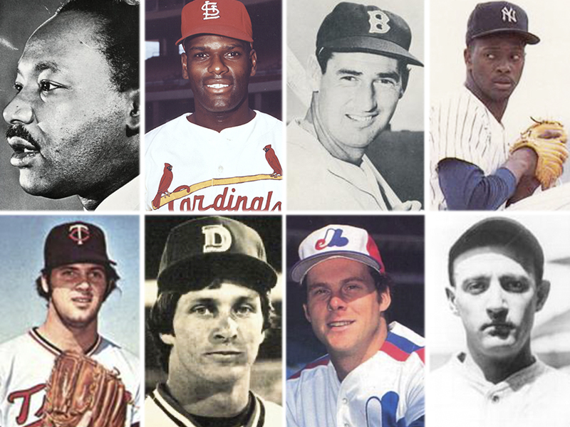 SABR Games Project new stories (clockwise from top-left): Dr. Martin Luther King Jr., Bob Gibson, Ted Williams, Brien Taylor, Ed Durham, David Palmer, Rick Behenna, Bill Butler