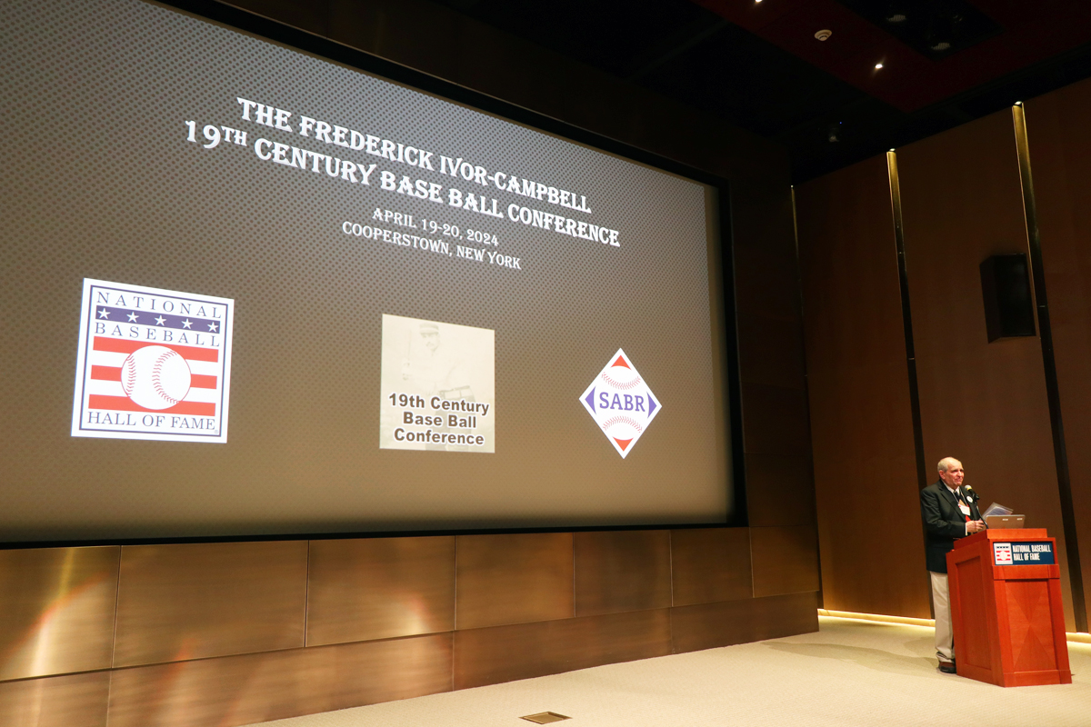 Peter Mancuso speaks at the 2024 Ivor-Campbell 19th Century Conference at the National Baseball Hall of Fame in Cooperstown, New York.