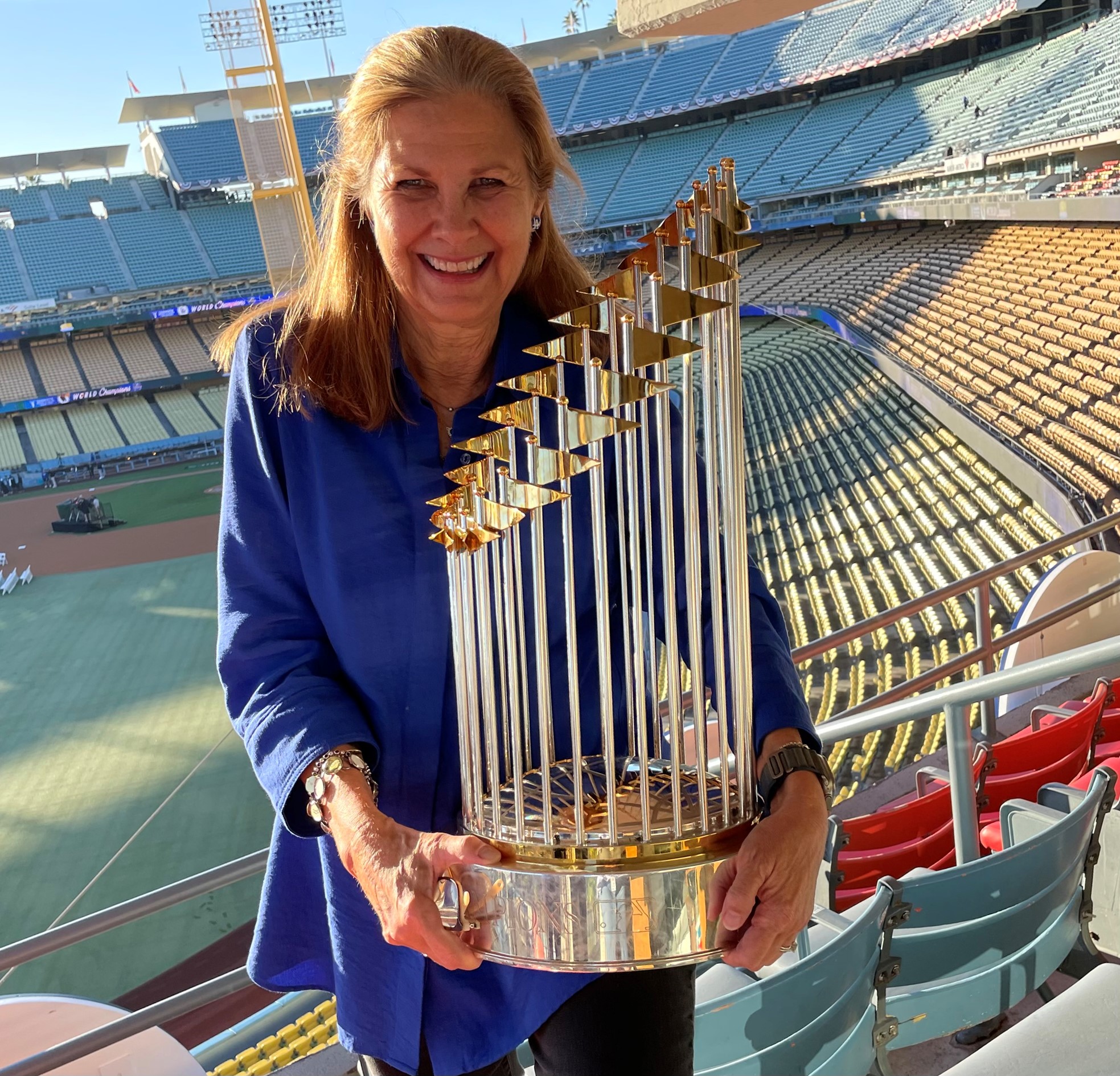 Janet Marie Smith with 2024 World Series trophy (Courtesy of the Los Angeles Dodgers)