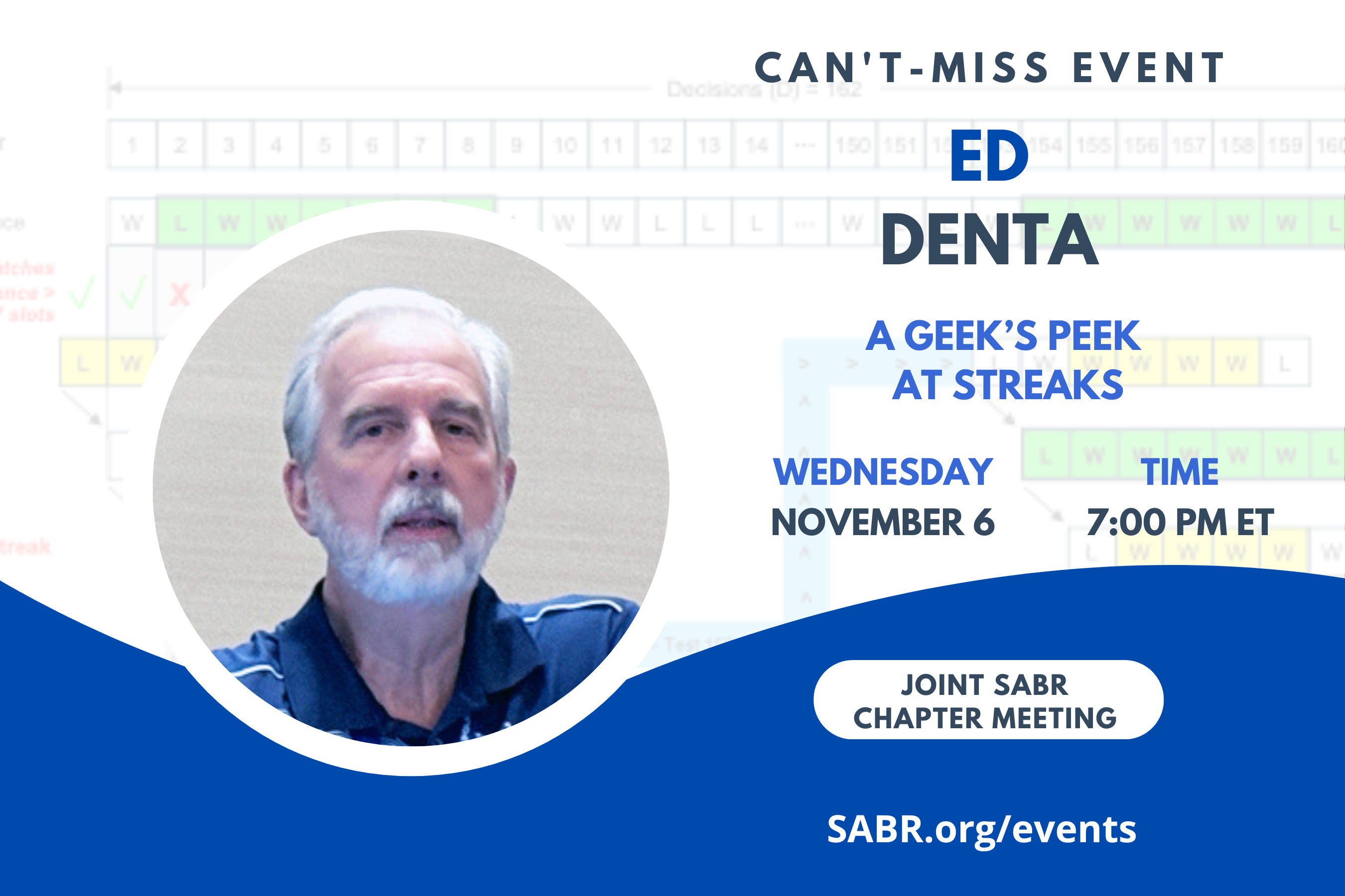 The Gardner-Waterman Chapter (VT), Frank “Shag” Shaughnessy Chapter (Ottawa) and the Clyde Sukeforth Chapter (ME/NH) have collaborated to bring you this special presentation via Zoom Meeting on Wednesday, November 6, 2024 at 7 PM Eastern, 4 PM Pacific All baseball fans are invited to attend! Our guest will be SABR 52 presenter Ed Denta on "A Geek’s Peek at Streaks." All baseball fans are welcome to attend.