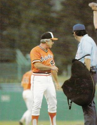 Earl Weaver arguing with an umpire in 1977 (Trading Card Database)