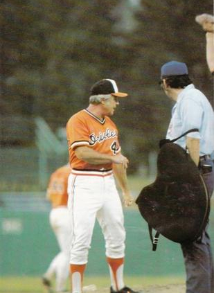 Earl Weaver arguing with an umpire in 1977 (Trading Card Database)