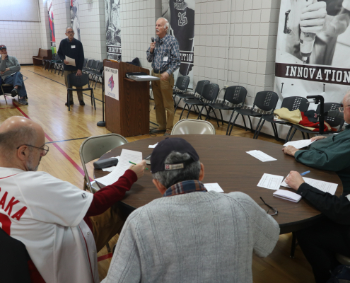 Skip Tuetken speaks at the SABR Lajoie-Start Chapter meeting on November 30, 2024, in Greenville, Rhode Island. (Photo: Dixie Tourangeau)