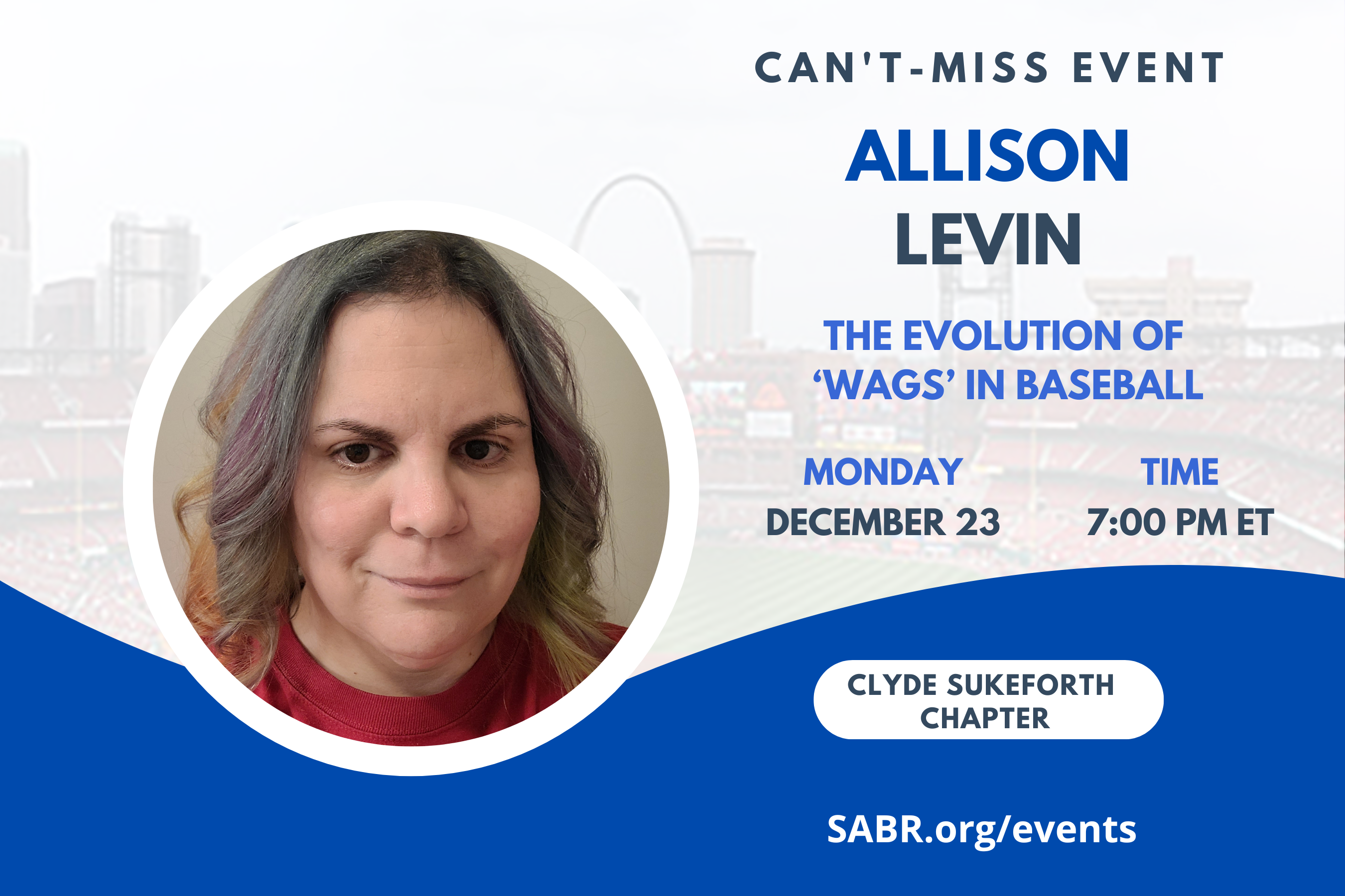 The Clyde Sukeforth Chapter (ME/NH) in conjunction with the Gardner-Waterman Chapter (VT) presents Allison Levin in a virtual Zoom meeting at 7:00 p.m. Eastern on Monday, December 23, 2024. All baseball fans are welcome! Allison’s SABR 52 presentation: Gender Work: The Evolution of WAGs from Support System to Celebrity Influencer. 