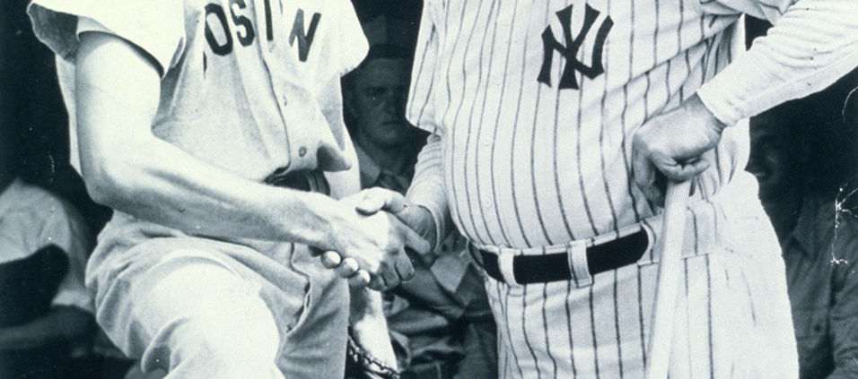 Ted Williams and Babe Ruth on July 12, 1943 at Fenway Park (SABR-Rucker Archive)