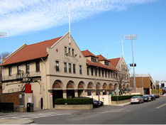 Still there: the Braves Field administration building/main entrance is now Boston University’s police station at Nickerson Field. (Courtesy of Bob Brady)