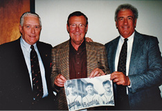 Then and now: Frank McNulty (center) reunites with fellow batboys Tom Ferguson (right) and Charlie Chronopoulos (left). (Courtesy of Boston Braves Historical Association archives)