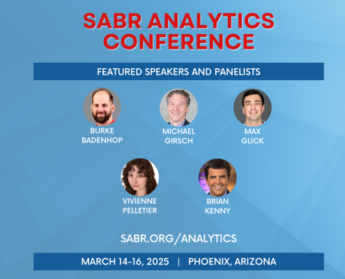 2025 SABR Analytics Conference featured speakers: Burke Badenhop, Michael Girsch, Max Glick, Vivienne Pelletier, Brian Kenny