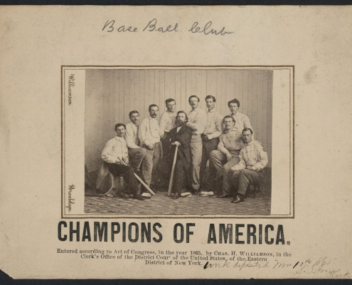 This 1865 photograph of the Atlantics of Brooklyn by Charles H. Williamson depicts the “Champion Nine” of 1864 and was given to opposing teams who played The Atlantic Club. (Library of Congress)