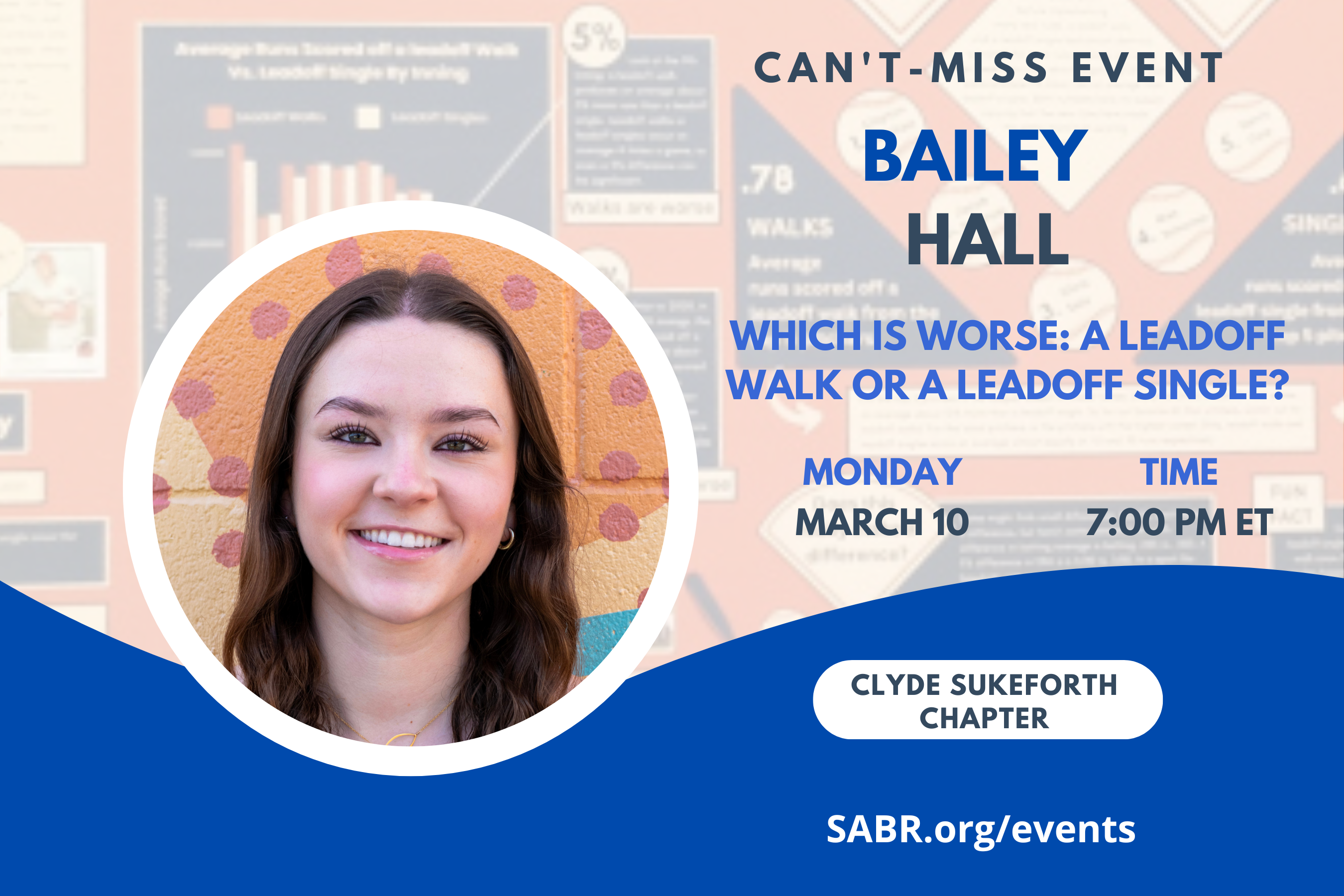 The Clyde Sukeforth Chapter (ME/NH) in conjunction with the Gardner-Waterman Chapter (VT) and the Elysian Fields Chapter (N. NJ) presents Bailey Hall in a Zoom Meeting on Monday, March 10, 2025 at 7 PM Eastern, 4 PM Pacific. All baseball fans are welcome to attend. Bailey will be delivering a reprise of her SABR 52 award-winning presentation, "Which is Worse: A Leadoff Walk or a Leadoff Single?"