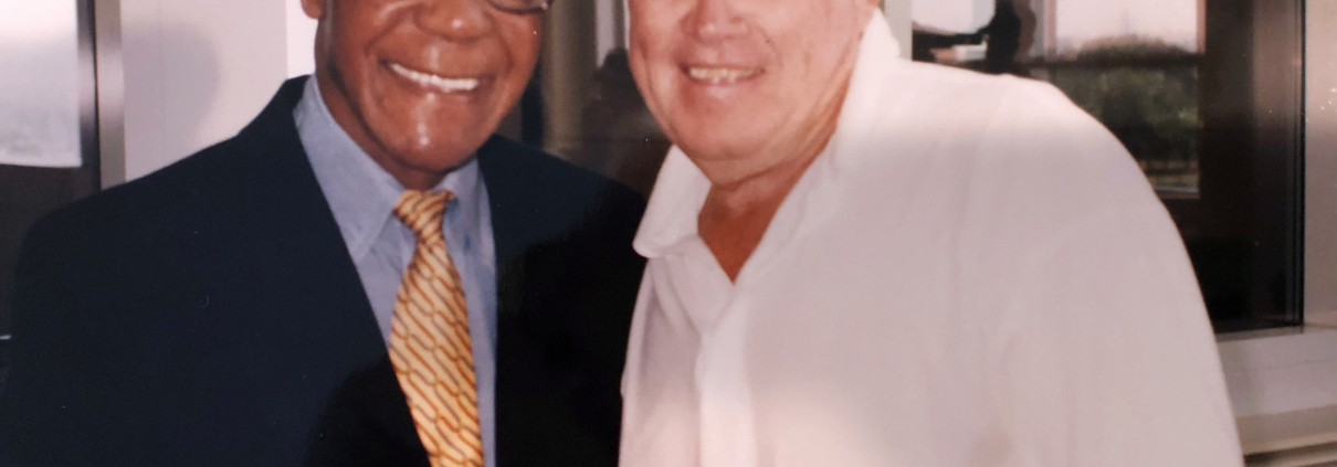 Negro Leagues legend Buck O'Neil, left, and Hall of Fame pitcher Robin Roberts pose for a photo during the 1994 SABR convention in Arlington, Texas (Courtesy of C. Paul Rogers III)