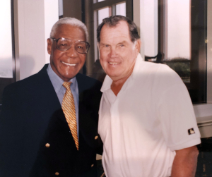 Negro Leagues legend Buck O'Neil, left, and Hall of Fame pitcher Robin Roberts pose for a photo during the 1994 SABR convention in Arlington, Texas (Courtesy of C. Paul Rogers III)