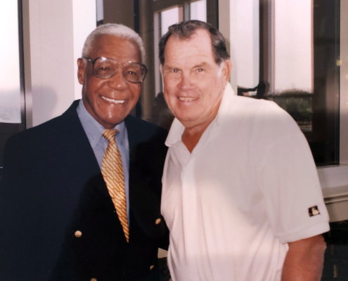 Negro Leagues legend Buck O'Neil, left, and Hall of Fame pitcher Robin Roberts pose for a photo during the 1994 SABR convention in Arlington, Texas (Courtesy of C. Paul Rogers III)