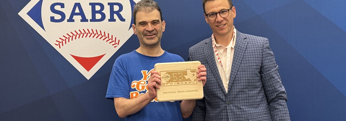 SABR 53 trivia champion Mark Simon, left, and emcee Dan Massey on June 28, 2025, in Irving, Texas.