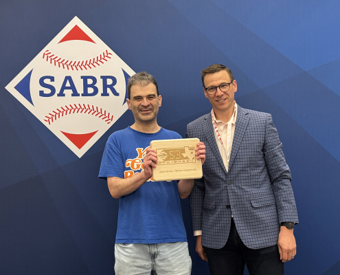 SABR 53 trivia champion Mark Simon, left, and emcee Dan Massey on June 28, 2025, in Irving, Texas.