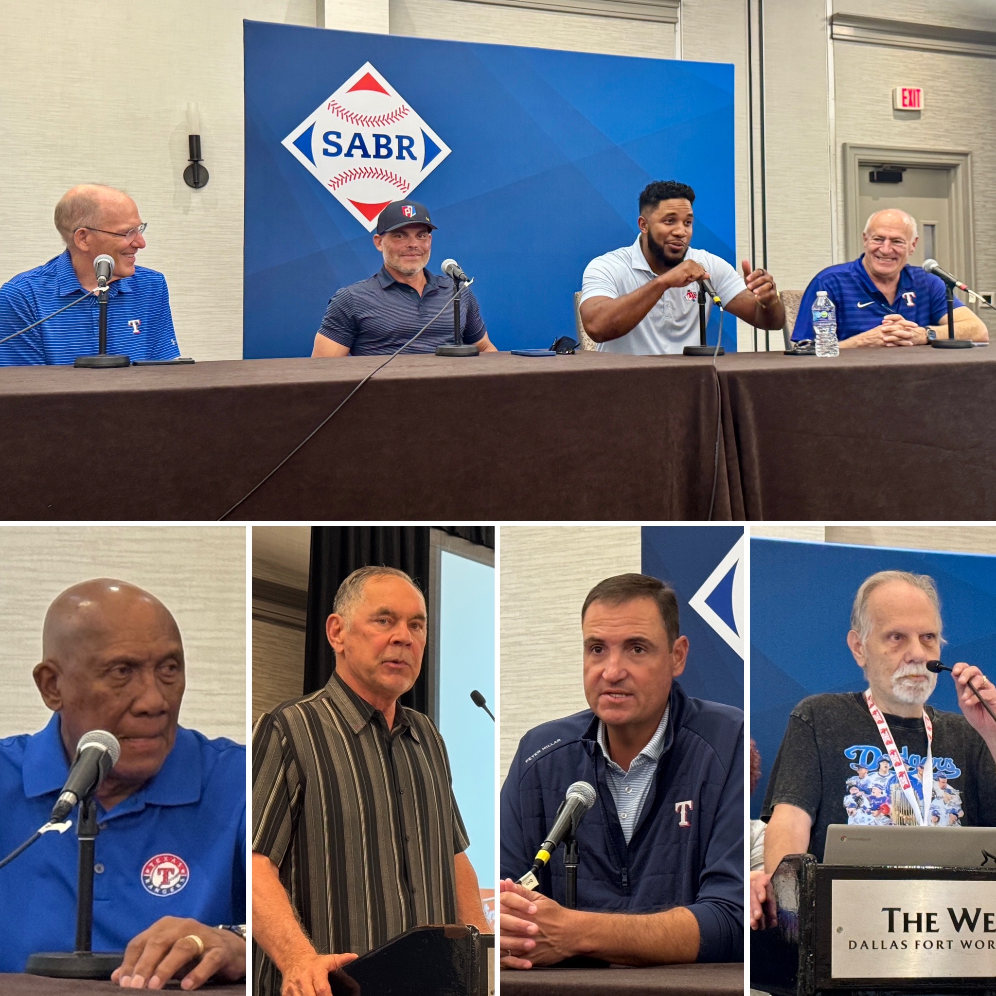 SABR 53 photo collage. Top row: Tom Grieve, Iván Rodríguez, Elvis Andrus, Eric Nadel. Bottom row, from left: Fergie Jenkins, Bruce Bochy, Chris Young, Tom Zocco