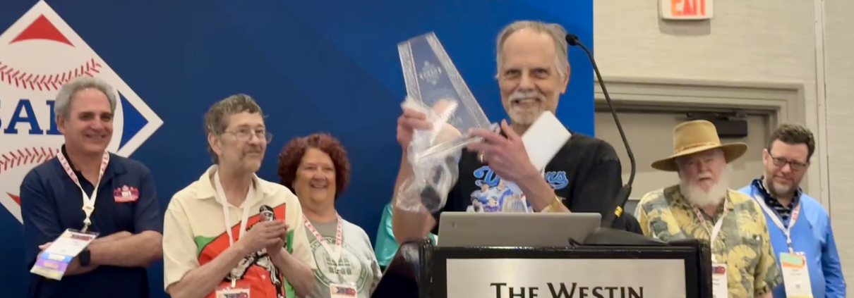 Tom Zocco is honored at the SABR 53 Welcome Reception for attending 50 consecutive SABR conventions from 1974 to 2025 on June 25, 2025, in Irving, Texas.