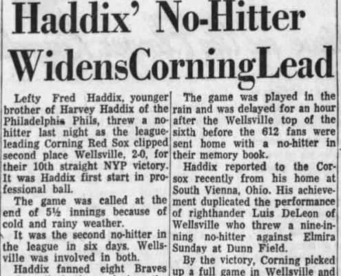 Fred Haddix no-hitter headline (Elmira Star-Gazette, May 18, 1957)