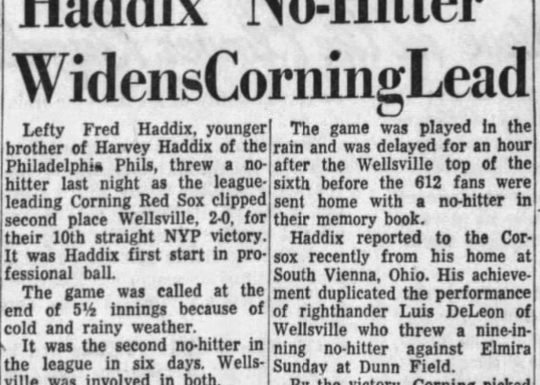 Fred Haddix no-hitter headline (Elmira Star-Gazette, May 18, 1957)