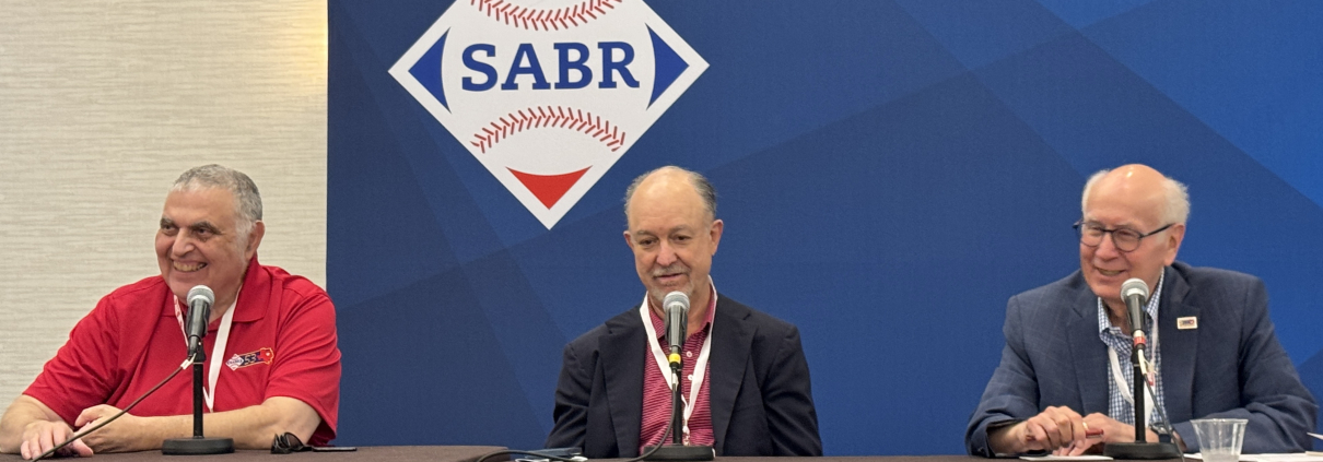 SABR 53 Beckett Baseball Cards Panel featuring, from left, Rich Klein, Dr. James Beckett, and moderator Paul Rogers on June 28, 2025, in Irving, Texas