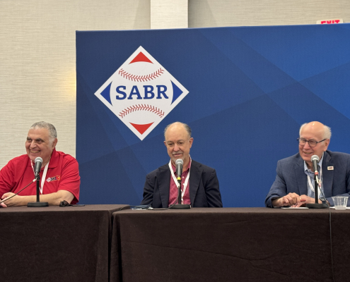 SABR 53 Beckett Baseball Cards Panel featuring, from left, Rich Klein, Dr. James Beckett, and moderator Paul Rogers on June 28, 2025, in Irving, Texas