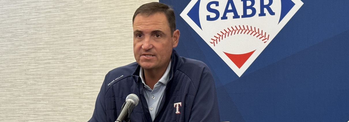 Chris Young of the Texas Rangers speaks at SABR 53 on June 26, 2025, in Irving, Texas.