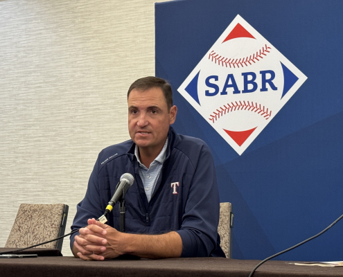 Chris Young of the Texas Rangers speaks at SABR 53 on June 26, 2025, in Irving, Texas.
