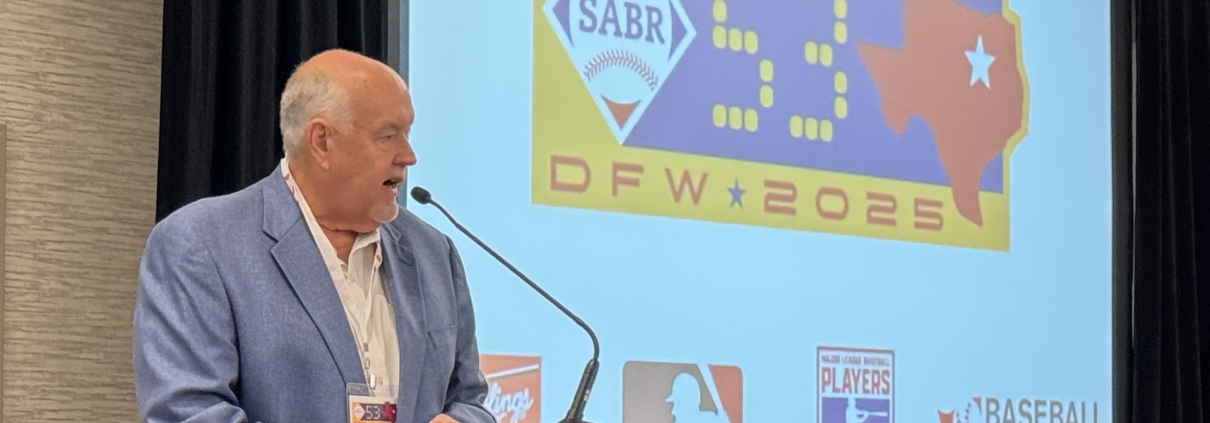 Texas Rangers public address announcer Chuck Morgan speaks during the Texas Rangers Ballparks Panel on June 26, 2025, in Irving, Texas.