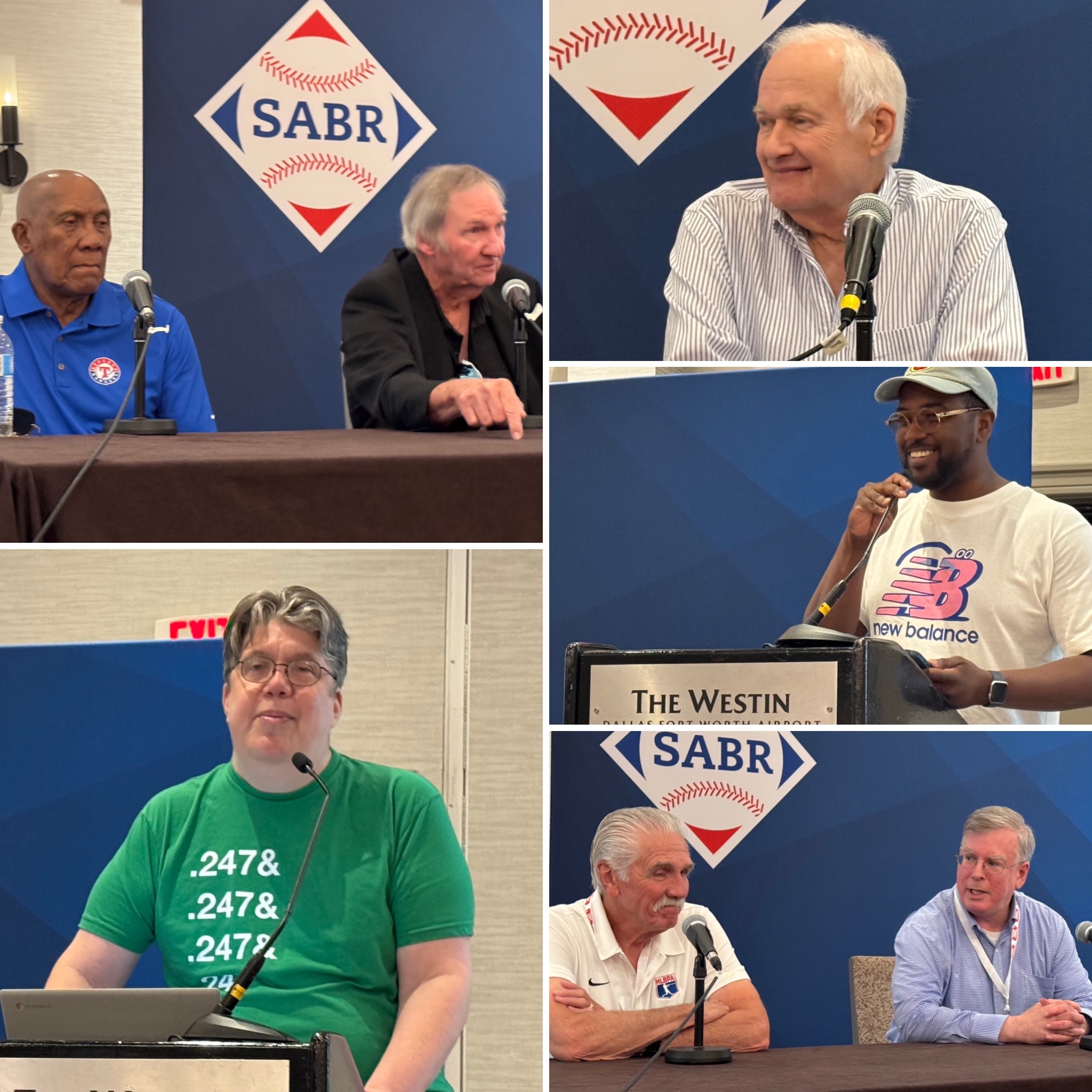 Collage of photos from SABR 53 on Friday. Clockwise from top-left: Fergie Jenkins and Charlie Hough, Don Fehr, Bradford William Davis, Steve Rogers and John McMurray, David Firstman with a green Khris Davis “.247 & .247 & .247” shirt.