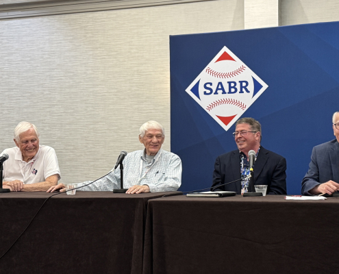 SABR 53 Texas Minor League Baseball Panel included, from left, Bob Baillargeon, Rick Herrscher, Tim Purpura, and moderator Paul Rogers on June 28, 2025, in Irving, Texas.