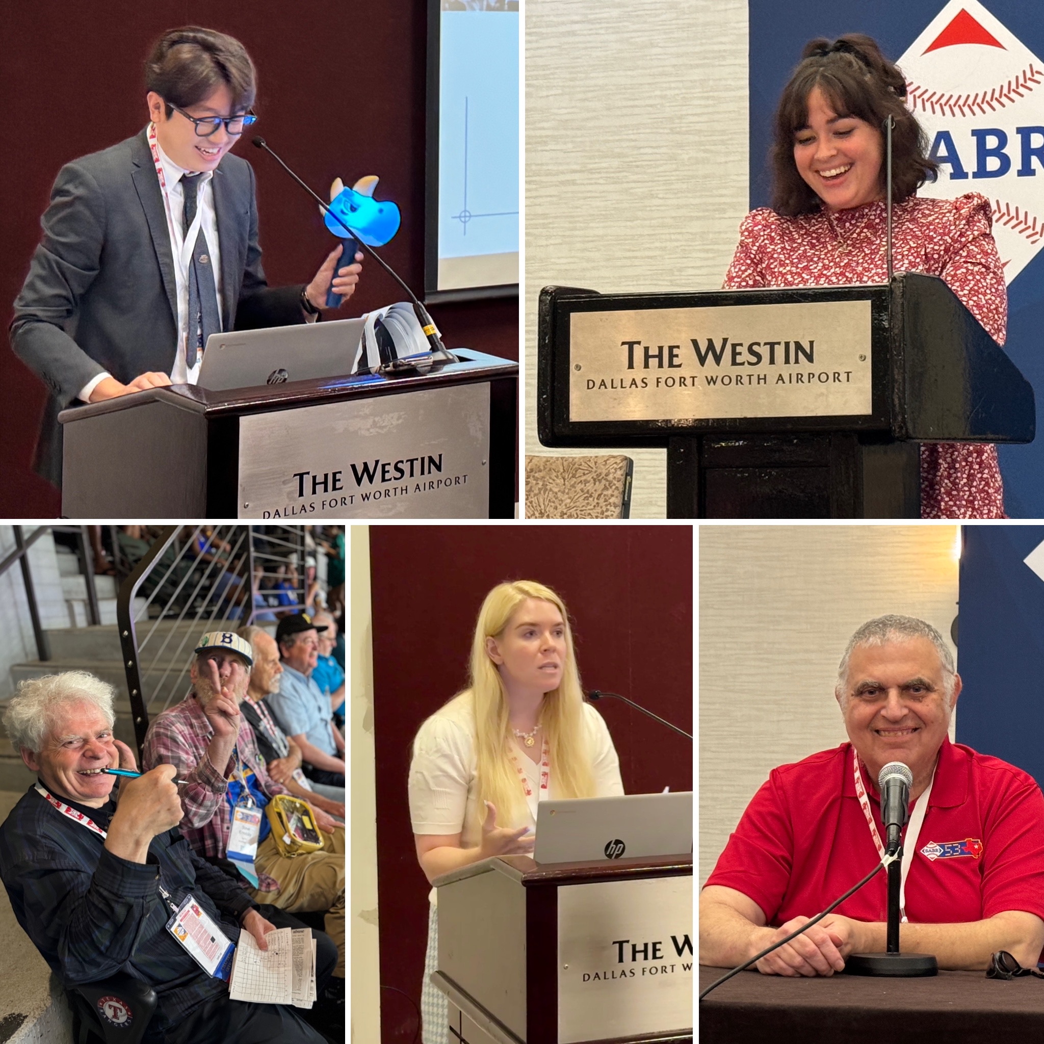 SABR 53 highlights. Clockwise from top-left: Hunhee Cho, Jessica Smyth, Rich Klein, Jem Jebbia, Damian Begley and Steve Krevisky