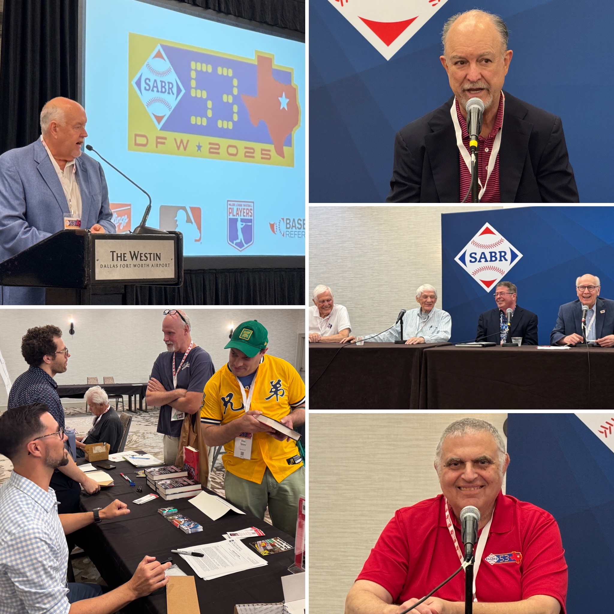 SABR 53 collage of photos. Clockwise from top-left: Texas Rangers public address announcer Chuck Morgan, baseball card pioneer Dr. James Beckett, the Texas Minor League Baseball Panel, Rich Klein, Tony Barnette and Aaron Fischman signing books in the Exhibitors Room.
