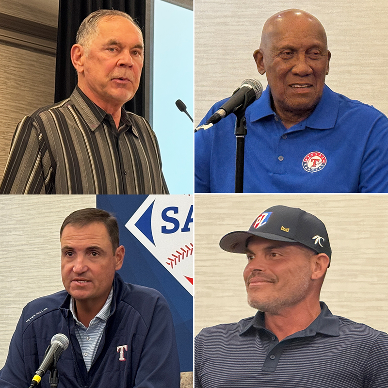 SABR 53 featured speakers. Clockwise from top-left: Bruce Bochy, Ferguson Jenkins, Iván Rodríguez, Chris Young