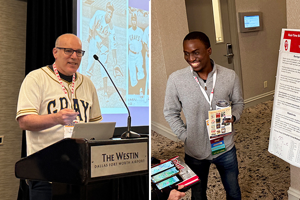 Jason A. Schwartz, left, and Ebenezer Olubayode, right, winners of the top convention presentations at SABR 53 in Irving, Texas.